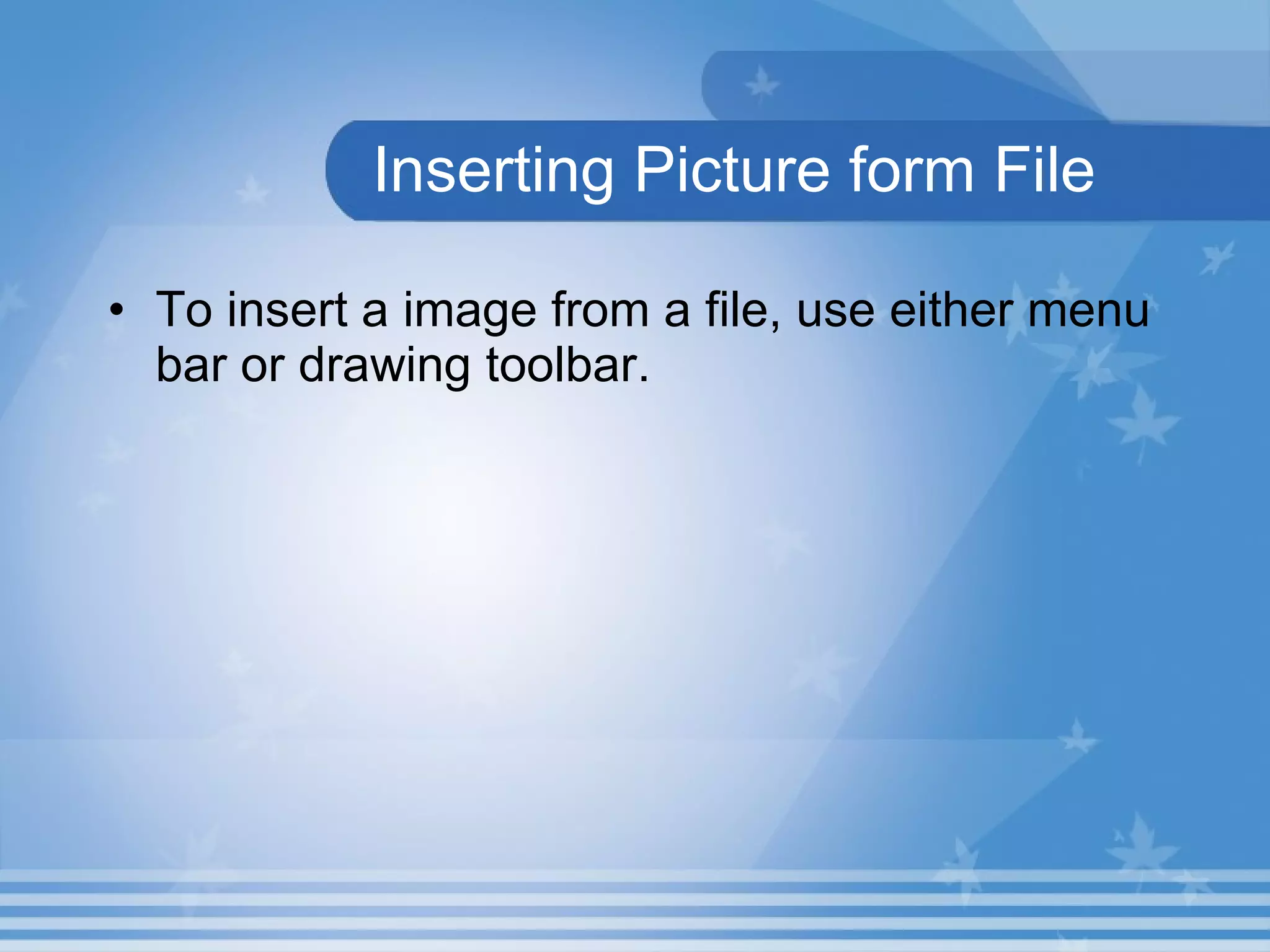 Inserting Picture form File To insert a image from a file, use either menu bar or drawing toolbar. 