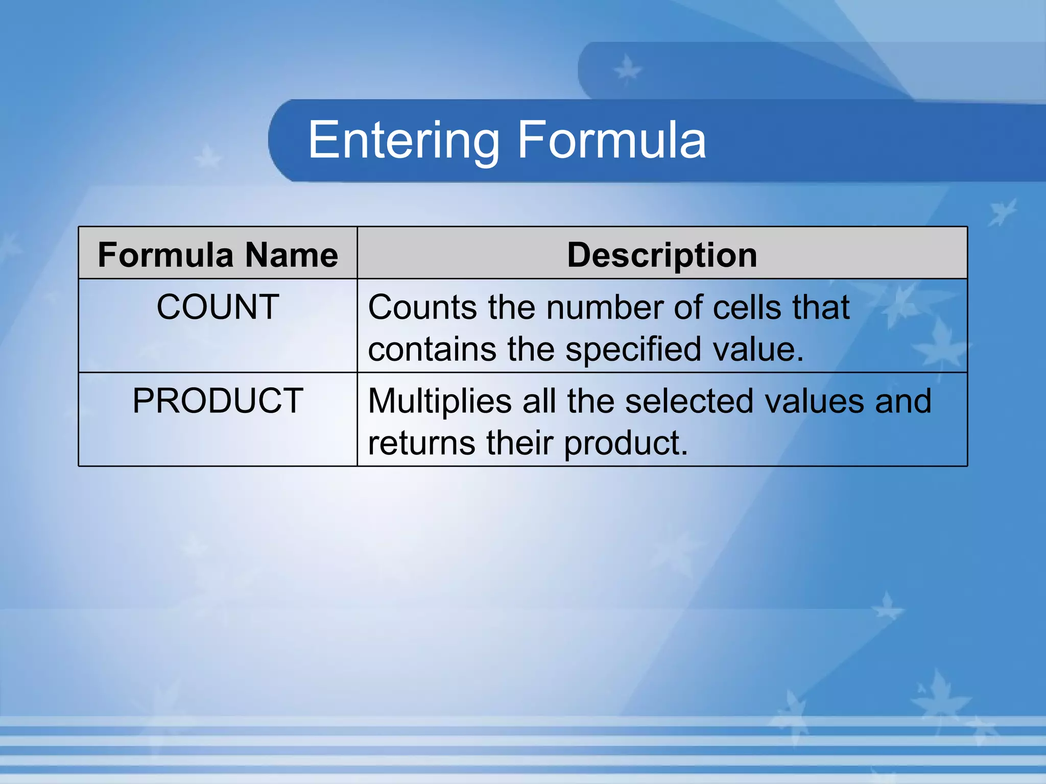 Entering Formula Multiplies all the selected values and returns their product. PRODUCT Counts the number of cells that contains the specified value. COUNT Description Formula Name 