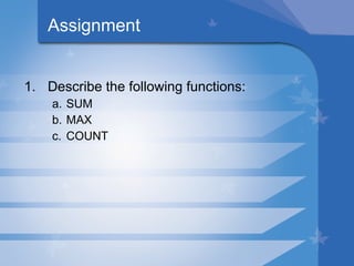 Assignment Describe the following functions: SUM MAX COUNT 
