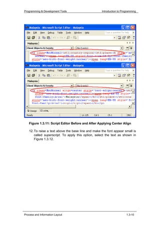 Programming & Development Tools                     Introduction to Programming




   Figure 1.3.11: Script Editor Before and After Applying Center Align

   12. To raise a text above the base line and make the font appear small is
       called superscript. To apply this option, select the text as shown in
       Figure 1.3.12.




Process and Information Layout                                         1.3-10
 
