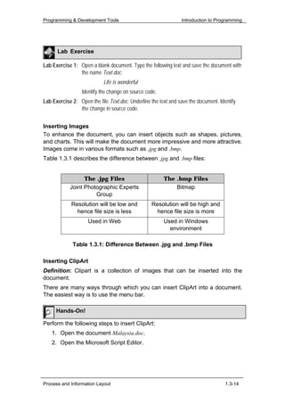 Programming & Development Tools                                 Introduction to Programming




      Lab Exercise

Lab Exercise 1: Open a blank document. Type the following text and save the document with
                the name Text.doc.
                            Life is wonderful
                  Identify the change on source code.
Lab Exercise 2: Open the file Text.doc. Underline the text and save the document. Identify
                the change in source code.


Inserting Images
To enhance the document, you can insert objects such as shapes, pictures,
and charts. This will make the document more impressive and more attractive.
Images come in various formats such as .jpg and .bmp.
Table 1.3.1 describes the difference between .jpg and .bmp files:


                  The .jpg Files                        The .bmp Files
            Joint Photographic Experts                      Bitmap
                      Group
             Resolution will be low and           Resolution will be high and
               hence file size is less              hence file size is more
                    Used in Web                         Used in Windows
                                                          environment

             Table 1.3.1: Difference Between .jpg and .bmp Files

Inserting ClipArt
Definition: Clipart is a collection of images that can be inserted into the
document.
There are many ways through which you can insert ClipArt into a document.
The easiest way is to use the menu bar.

      Hands-On!

Perform the following steps to insert ClipArt:
    1. Open the document Malaysia.doc.
    2. Open the Microsoft Script Editor.




Process and Information Layout                                                       1.3-14
 