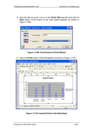 Programming & Development Tools                       Introduction to Programming




   5. Give the title as English Marks in the Chart Title text box and click on
      Next button. Final screen of the chart wizard appears as shown in
      Figure 1.3.69.




                  Figure 1.3.69: Final Screen of Chart Wizard

   6. Click on Finish button. Chart will appear as shown in Figure 1.3.70.




                Figure 1.3.70: Inserted Chart in the Worksheet




Process and Information Layout                                           1.3-58
 
