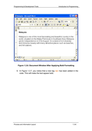 Programming & Development Tools                    Introduction to Programming




     Figure 1.3.6: Document Window After Applying Bold Formatting

   6. In Figure 1.3.7, you notice that a new tag <b> has been added in the
      code. This will make the text appear bold.




Process and Information Layout                                        1.3-6
 