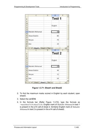 Programming & Development Tools                       Introduction to Programming




                        Figure 1.3.71: Sheet1 and Sheet2

   2. To find the maximum marks scored in English by each student, open
      sheet3.
   3. Select the cell E14.
   4. In the formula bar (Refer Figure 1.3.72), type the formula as
      =max(sheet1!e14,sheet2!e14). English mark of Mahathir Mohamad in test 1
      is present in the e14 cell of sheet 2. Similarly English mark of Mahathir
      Mohamad in test 2 is present in the e14 cell of sheet2.




Process and Information Layout                                           1.3-60
 