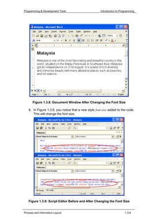 Programming & Development Tools                       Introduction to Programming




      Figure 1.3.8: Document Window After Changing the Font Size

   8. In Figure 1.3.9, you notice that a new style font-size added to the code.
      This will change the font size.




   Figure 1.3.9: Script Editor Before and After Changing the Font Size


Process and Information Layout                                           1.3-8
 