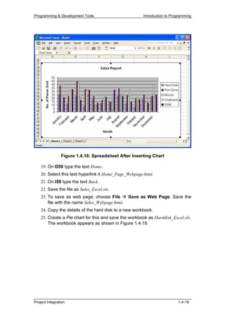 Programming & Development Tools                        Introduction to Programming




                Figure 1.4.18: Spreadsheet After Inserting Chart

    19. On D50 type the text Home.
    20. Select this text hyperlink it Home_Page_Webpage.html.
    21. On I50 type the text Back.
    22. Save the file as Sales_Excel.xls.
    23. To save as web page, choose File         Save as Web Page. Save the
        file with the name Sales_Webpage.html.
    24. Copy the details of the hard disk to a new workbook.
    25. Create a Pie chart for this and save the workbook as Harddisk_Excel.xls.
        The workbook appears as shown in Figure 1.4.19.




Project Integration                                                       1.4-19
 