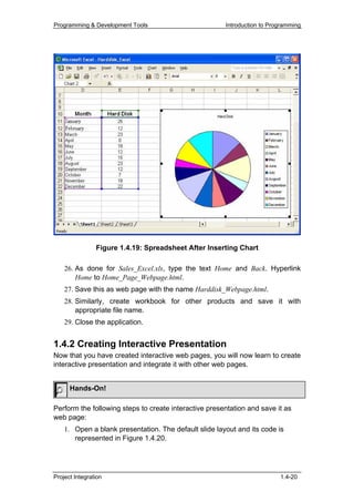 Programming & Development Tools                        Introduction to Programming




                Figure 1.4.19: Spreadsheet After Inserting Chart

    26. As done for Sales_Excel.xls, type the text Home and Back. Hyperlink
        Home to Home_Page_Webpage.html.
    27. Save this as web page with the name Harddisk_Webpage.html.
    28. Similarly, create workbook for other products and save it with
        appropriate file name.
    29. Close the application.


1.4.2 Creating Interactive Presentation
Now that you have created interactive web pages, you will now learn to create
interactive presentation and integrate it with other web pages.


      Hands-On!

Perform the following steps to create interactive presentation and save it as
web page:
    1. Open a blank presentation. The default slide layout and its code is
       represented in Figure 1.4.20.




Project Integration                                                       1.4-20
 