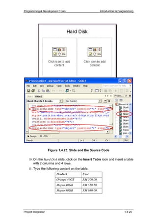 Programming & Development Tools                         Introduction to Programming




                      Figure 1.4.25: Slide and the Source Code

    10. On the Hard Disk slide, click on the Insert Table icon and insert a table
        with 2 columns and 4 rows.
    11. Type the following content on the table:
                           Product          Cost
                           Orange 40GB      RM 500.00
                           Mapio 40GB       RM 550.50
                           Mapio 80GB       RM 680.00




Project Integration                                                        1.4-25
 