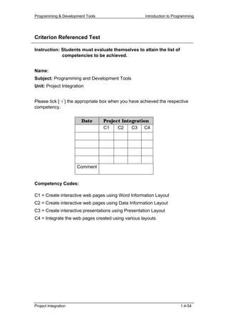 Programming & Development Tools                       Introduction to Programming




Criterion Referenced Test

Instruction: Students must evaluate themselves to attain the list of
             competencies to be achieved.


Name:
Subject: Programming and Development Tools
Unit: Project Integration


Please tick [ √ ] the appropriate box when you have achieved the respective
competency.


                       Date       Project Integration
                                  C1    C2    C3 C4




                      Comment


Competency Codes:

C1 = Create interactive web pages using Word Information Layout
C2 = Create interactive web pages using Data Information Layout
C3 = Create interactive presentations using Presentation Layout
C4 = Integrate the web pages created using various layouts




Project Integration                                                      1.4-54
 