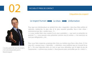 02

ACCUEIL ET PRISE DE CONTACT

L’équation du respect
Le respect humain

Le choix

L’information

Pour que vos interlocuteurs se sentent très vite « respectés » dans leur libre-arbitre et
valorisés, mettez-les, le plus vite et le plus souvent possible, face à des choix :
commencez par des « voulez-vous... ?» :
« si vous voulez bien vous asseoir là où vous souhaitez », « qui veut se présenter en
premier ? », « vous pouvez vous présenter comme vous le sentez », « les exercices ne
sont pas obligatoires », etc.

« Le plus grand de tous les projets,
c'est celui de prendre parti »
Vauvenargues

Pour vous faire respecter, proposez des choix ou mettez-vous face à des choix. Si l'on
vous dit « asseyez-vous », répondez : « volontiers, vous préférez que je m'assoie là ou
là ? ». On vous répondra alors, et c'est ce que vous attendiez, par la règle du jeu de
l'autonomie : « comme vous voulez I ». Vous pourrez alors verrouiller par un « merci ! ».

 