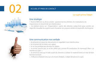 02

ACCUEIL ET PRISE DE CONTACT

Le sujet prime l’objet
Une stratégie
• Avant d'affirmer ou de se vendre : questionner les attentes, les motivations, les
impressions, le ressenti de son interlocuteur.
• La relation prime sur l’organisation : partir des attentes subjectives pour vendre ses
objectifs, travailler les esprits avant d'asséner ses propres vérités et impératifs d’entreprise

Une communication non verbale
• Je présente et reçois les documents en regardant mon interlocuteur.
• Je m'extrais de la chaise sans appui.
• Je ne me protège pas derrière les objets.
• Je ne les caresse pas, je ne les utilise pas comme fil conducteur (le tramway!) Mais « je
montre au sujet ».
• Je remercie celui qui m'aide avant de chercher à utiliser le matériel remis en état de bon
fonctionnement.
• J'influence d'abord celui qui a le moins d'objets. L'objet dévalorise le sujet.

 