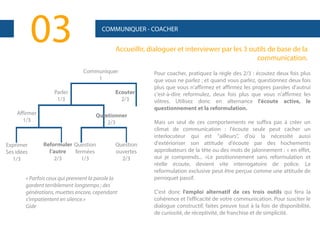 03

COMMUNIQUER - COACHER

Accueillir, dialoguer et interviewer par les 3 outils de base de la
communication.
Communiquer
1

Parler
1/3
Affirmer
1/3

Exprimer
Ses idées
1/3

Ecouter
2/3
Questionner
2/3

Reformuler Question
l’autre
fermées
2/3
1/3

Question
ouvertes
2/3

« Parfois ceux qui prennent la parole la
gardent terriblement longtemps ; des
générations, muettes encore, cependant
s'impatientent en silence.»
Gide

Pour coacher, pratiquez la règle des 2/3 : écoutez deux fois plus
que vous ne parlez ; et quand vous parlez, questionnez deux fois
plus que vous n'affirmez et affirmez les propres paroles d'autrui
c'est-à-dire reformulez, deux fois plus que vous n'affirmez les
vôtres. Utilisez donc en alternance l'écoute active, le
questionnement et la reformulation.
Mais un seul de ces comportements ne suffira pas à créer un
climat de communication : l'écoute seule peut cacher un
interlocuteur qui est "ailleurs", d'où la nécessité aussi
d'extérioriser son attitude d'écoute par des hochements
approbateurs de la tête ou des mots de jalonnement : « en effet,
oui je comprends... »Le positionnement sans reformulation et
réelle écoute, devient vite interrogatoire de police. La
reformulation exclusive peut être perçue comme une attitude de
perroquet passif.
C'est donc l'emploi alternatif de ces trois outils qui fera la
cohérence et l'efficacité de votre communication. Pour susciter le
dialogue constructif, faites preuve tout à la fois de disponibilité,
de curiosité, de réceptivité, de franchise et de simplicité.

 