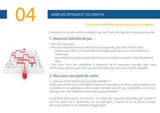 04

GERER LES CRITIQUES ET LES CONFLITS

Comment informer des mauvaises nouvelles
Prenons le cas du refus et de la négation qui sont l'exemple type de la mauvaise nouvelle.

1- Annoncer d’entrée de jeu…
« Non, je ne peux pas »
• Plus vous retardez l'annonce de la mauvaise nouvelle, plus votre interlocuteur
- pensera que celle-ci n'est pas tellement légitime puisque vous-même hésitez à
l'annoncer.
- aura entretenu un faux espoir dont il vous en voudra encore plus d'être finalement
déçu.
• Plus vous ferez des préalables à l'annonce de la mauvaise nouvelle, plus votre
interlocuteur pensera que vous vous justifiez parce que vous vous sentez coupable.

2- Mais avec une porte de sortie
« ... que puis-je faire d'autre pour vous être agréable ? »
Après avoir été ferme sur la finalité (la mauvaise nouvelle ou le refus), soyez souple sur les
modalités et les alternatives. Ainsi votre fermeté ne sera pas interprétée comme un
blocage mais une réalité incontournable quoique limitée.
En général, nous faisons le contraire : on diffère les mauvaises nouvelles par crainte et
une fois qu'on les a annoncées, on ne peut plus y revenir, et on se ferme à toute
discussion relative à ses modalités d'application.

 