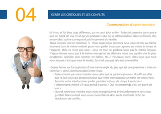 04

GERER LES CRITIQUES ET LES CONFLITS

Commentaires d’après exercice
b) Vous et lui êtes trop différents, ça ne peut plus coller : faites-lui prendre conscience
que ce point de vue n'est qu'un postulat (celui de la différenciation dans la théorie des
ensembles) qui ne correspond pas forcément à la réalité.
'Nous n'avons rien en commun ?« Vous voyez nous sommes déjà, vous et moi au même
moment dans le même endroit pour nous parler (nous partageons au moins le temps et
l'espace). Mais ce n'est pas tout : vous et moi ne parlons-nous pas la même langue,
n'appartenons nous pas à la même entreprise, ne désirons nous pas qu'elle vive le plus
longtemps possible sans tomber en faillite, etc...? Pourquoi donc dites-vous que tout
nous sépare, c'est que vous le voulez. Ce n'est pas que cela soit une réalité.
• Soyez ferme sur l'acceptation d'une même règle du jeu, qui est une première « mise en
commun » donc communication entre vous :
- Faites choisir par votre interlocuteur celui qui va parler le premier. Il suffit en effet
que ce soit vous qui proposiez pour que votre interlocuteur se méfie de votre choix.
- Ecoutez votre interlocuteur parler, pendant ce laps de temps à venir sans
l'interrompre, même s'il vous prend à partie. « Oui je comprends, c'est un point de
vue ».
- Quand votre tour viendra vous vous en expliquerez éventuellement et sans vous
justifier. Mais surtout vous vous concentrerez alors sur la méthode DESC de
résolution de conflits.

 