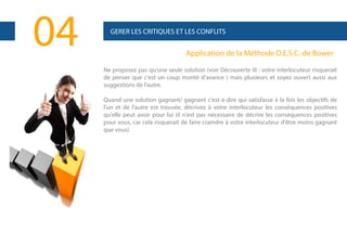 04

GERER LES CRITIQUES ET LES CONFLITS

Application de la Méthode D.E.S.C. de Bower
Ne proposez pas qu'une seule solution (voir Découverte III : votre interlocuteur risquerait
de penser que c'est un coup monté d'avance ) mais plusieurs et soyez ouvert aussi aux
suggestions de l'autre.
Quand une solution gagnant/ gagnant c'est-à-dire qui satisfasse à la fois les objectifs de
l'un et de l'autre est trouvée, décrivez à votre interlocuteur les conséquences positives
qu'elle peut avoir pour lui (il n'est pas nécessaire de décrire les conséquences positives
pour vous, car cela risquerait de faire craindre à votre interlocuteur d'être moins gagnant
que vous).

 