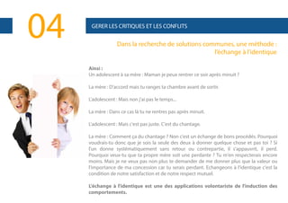 04

GERER LES CRITIQUES ET LES CONFLITS

Dans la recherche de solutions communes, une méthode :
l’échange à l’identique
Ainsi :
Un adolescent à sa mère : Maman je peux rentrer ce soir après minuit ?
La mère : D'accord mais tu ranges ta chambre avant de sortir.
L'adolescent : Mais non j'ai pas le temps...
La mère : Dans ce cas là tu ne rentres pas après minuit.
L'adolescent : Mais c'est pas juste. C'est du chantage.
La mère : Comment ça du chantage ? Non c'est un échange de bons procédés. Pourquoi
voudrais-tu donc que je sois la seule des deux à donner quelque chose et pas toi ? Si
l'un donne systématiquement sans retour ou contrepartie, il s'appauvrit, il perd.
Pourquoi veux-tu que ta propre mère soit une perdante ? Tu m'en respecterais encore
moins. Mais je ne veux pas non plus te demander de me donner plus que la valeur ou
l'importance de ma concession car tu serais perdant. Echangeons à l'identique c'est la
condition de notre satisfaction et de notre respect mutuel.
L'échange à l'identique est une des applications volontariste de l'induction des
comportements.

 