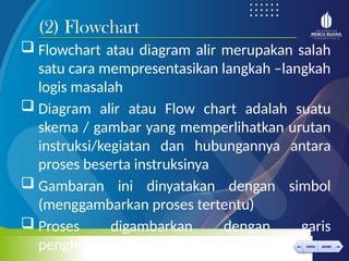 < >
MENU AKHIRI
← →
MENU AKHIRI
 Flowchart atau diagram alir merupakan salah
satu cara mempresentasikan langkah –langkah
logis masalah
 Diagram alir atau Flow chart adalah suatu
skema / gambar yang memperlihatkan urutan
instruksi/kegiatan dan hubungannya antara
proses beserta instruksinya
 Gambaran ini dinyatakan dengan simbol
(menggambarkan proses tertentu)
 Proses digambarkan dengan garis
penghubung
(2) Flowchart
 