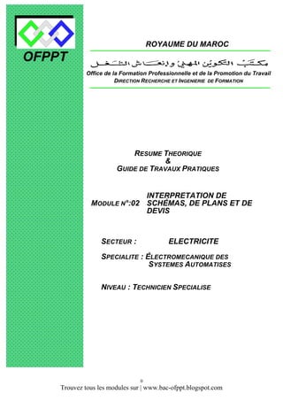 ROYAUME DU MAROC

OFPPT
Office de la Formation Professionnelle et de la Promotion du Travail
DIRECTION RECHERCHE ET INGENIERIE DE FORMATION

RESUME THEORIQUE
&
GUIDE DE TRAVAUX PRATIQUES
INTERPRETATION DE
MODULE N°:02 SCHÉMAS, DE PLANS ET DE
DEVIS

SECTEUR :

ELECTRICITE

SPECIALITE : ÉLECTROMECANIQUE DES
SYSTEMES AUTOMATISES
NIVEAU : TECHNICIEN SPECIALISE

0

Trouvez tous les modules sur | www.bac-ofppt.blogspot.com

 