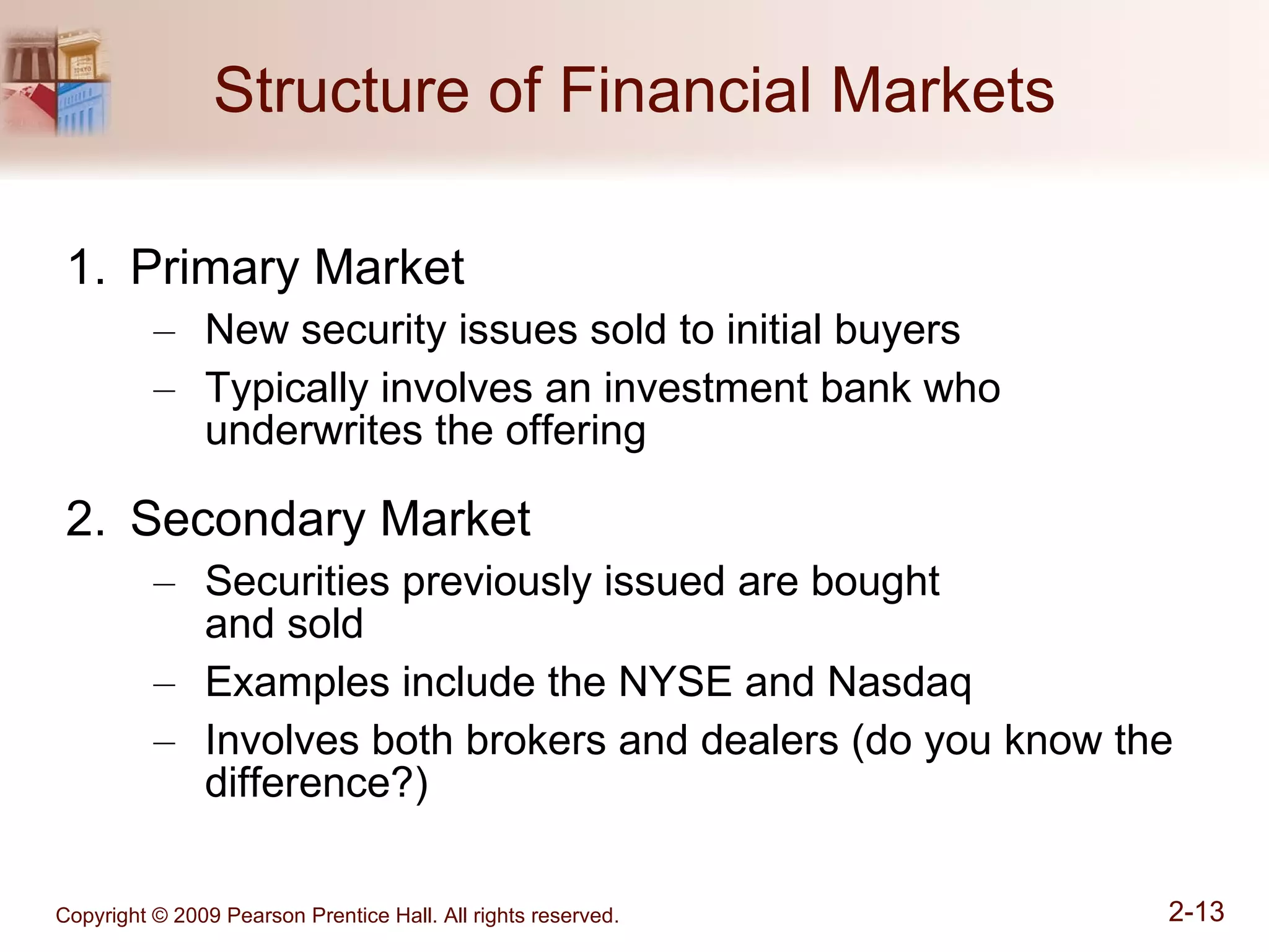 Structure of Financial Markets Primary Market New security issues sold to initial buyers Typically involves an investment bank who underwrites the offering Secondary Market Securities previously issued are bought  and sold Examples include the NYSE and Nasdaq Involves both brokers and dealers (do you know the difference?) 