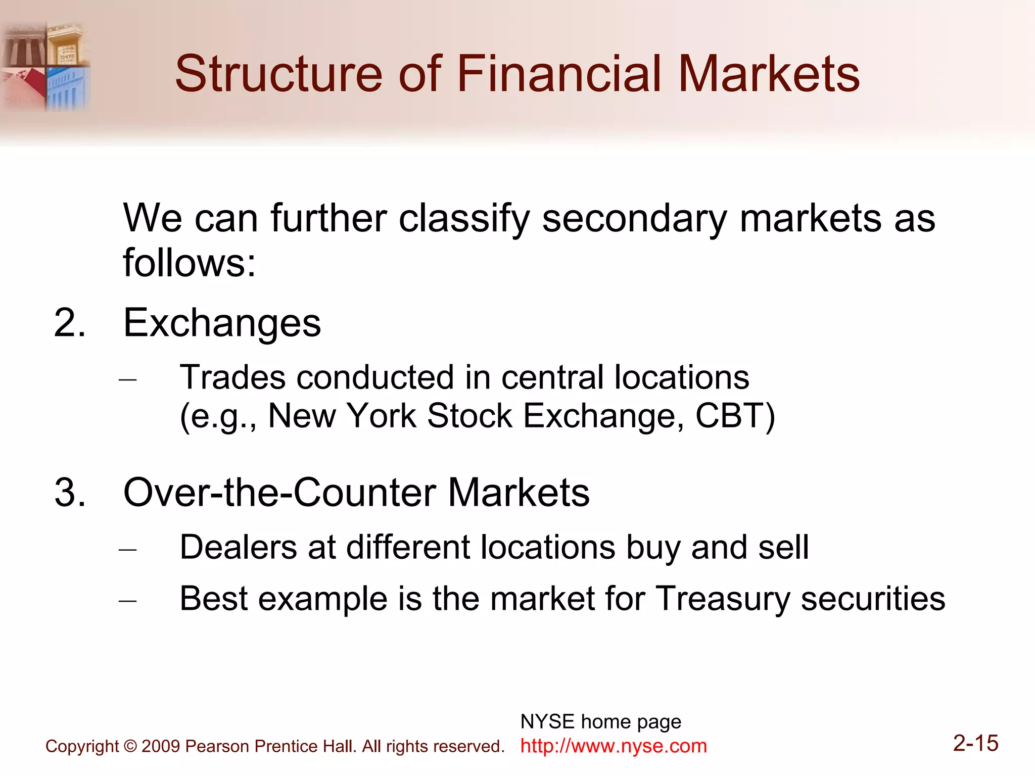 Structure of Financial Markets We can further classify secondary markets as follows: Exchanges Trades conducted in central locations  (e.g., New York Stock Exchange, CBT)  Over-the-Counter Markets Dealers at different locations buy and sell Best example is the market for Treasury securities NYSE home page http://www.nyse.com 