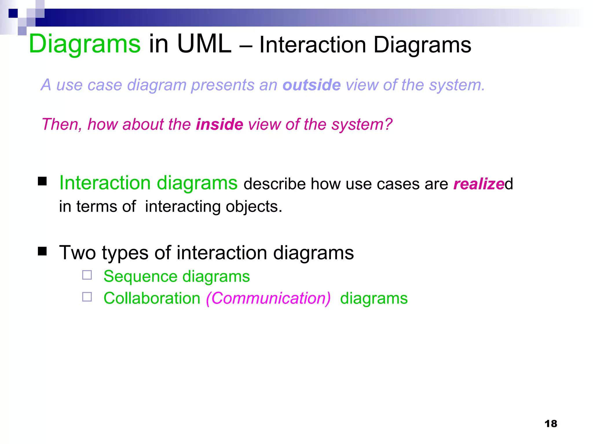 Diagrams  in UML  – Interaction Diagrams Interaction   diagrams   describe how use cases are  realize d  in terms of  interacting objects.  Two types of interaction diagrams Sequence diagrams Collaboration  (Communication)   diagrams A use case diagram presents an  outside  view of the system. Then, how about the  inside  view of the system?  