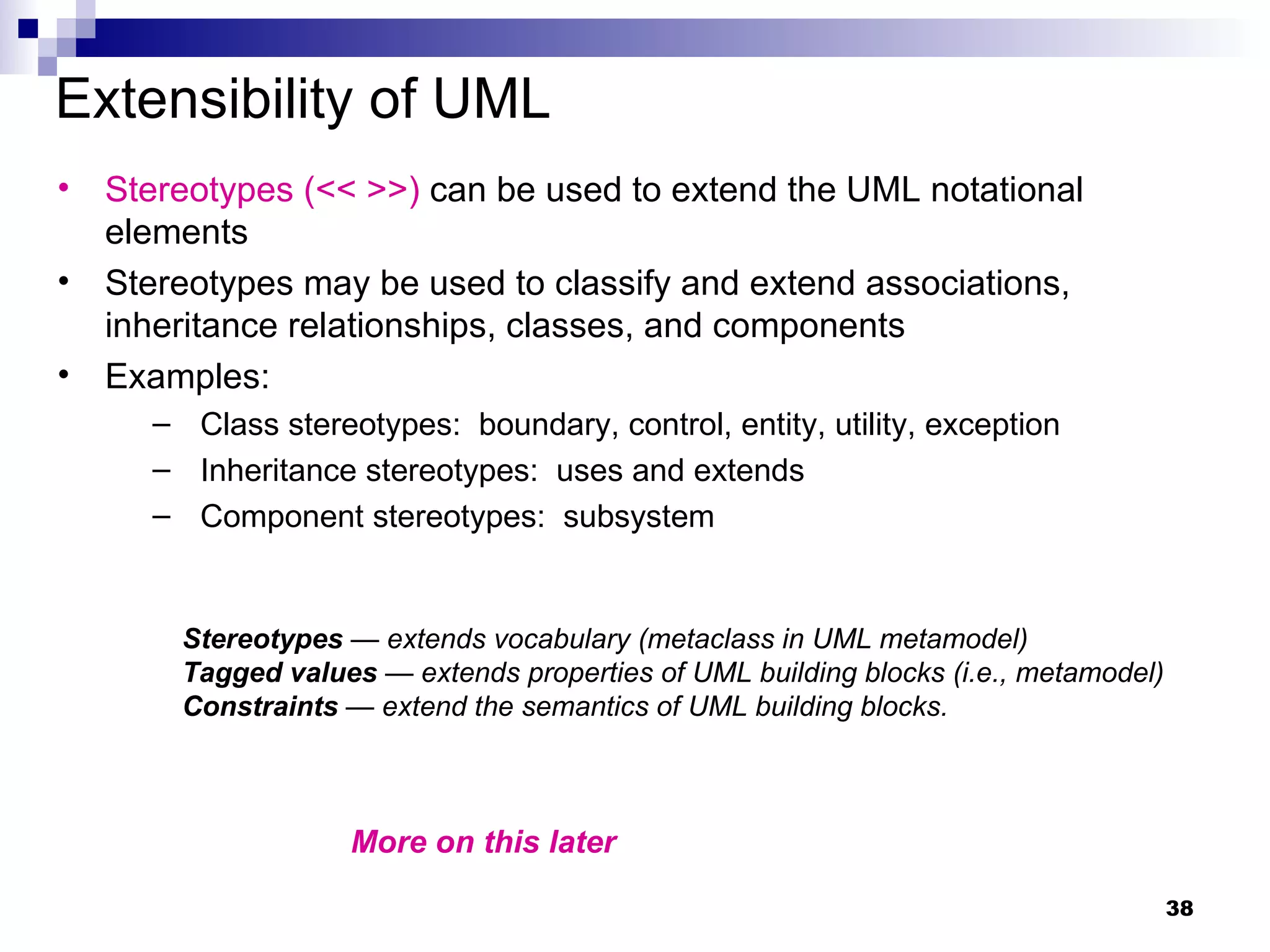 Extensibility of UML Stereotypes (<< >>)  can be used to extend the UML notational elements Stereotypes may be used to classify and extend associations, inheritance relationships, classes, and components Examples: Class stereotypes:  boundary, control, entity, utility, exception Inheritance stereotypes:  uses and extends Component stereotypes:  subsystem Stereotypes  — extends vocabulary (metaclass in UML metamodel) Tagged values  — extends properties of UML building blocks (i.e., metamodel) Constraints  — extend the semantics of UML building blocks. More on this later 