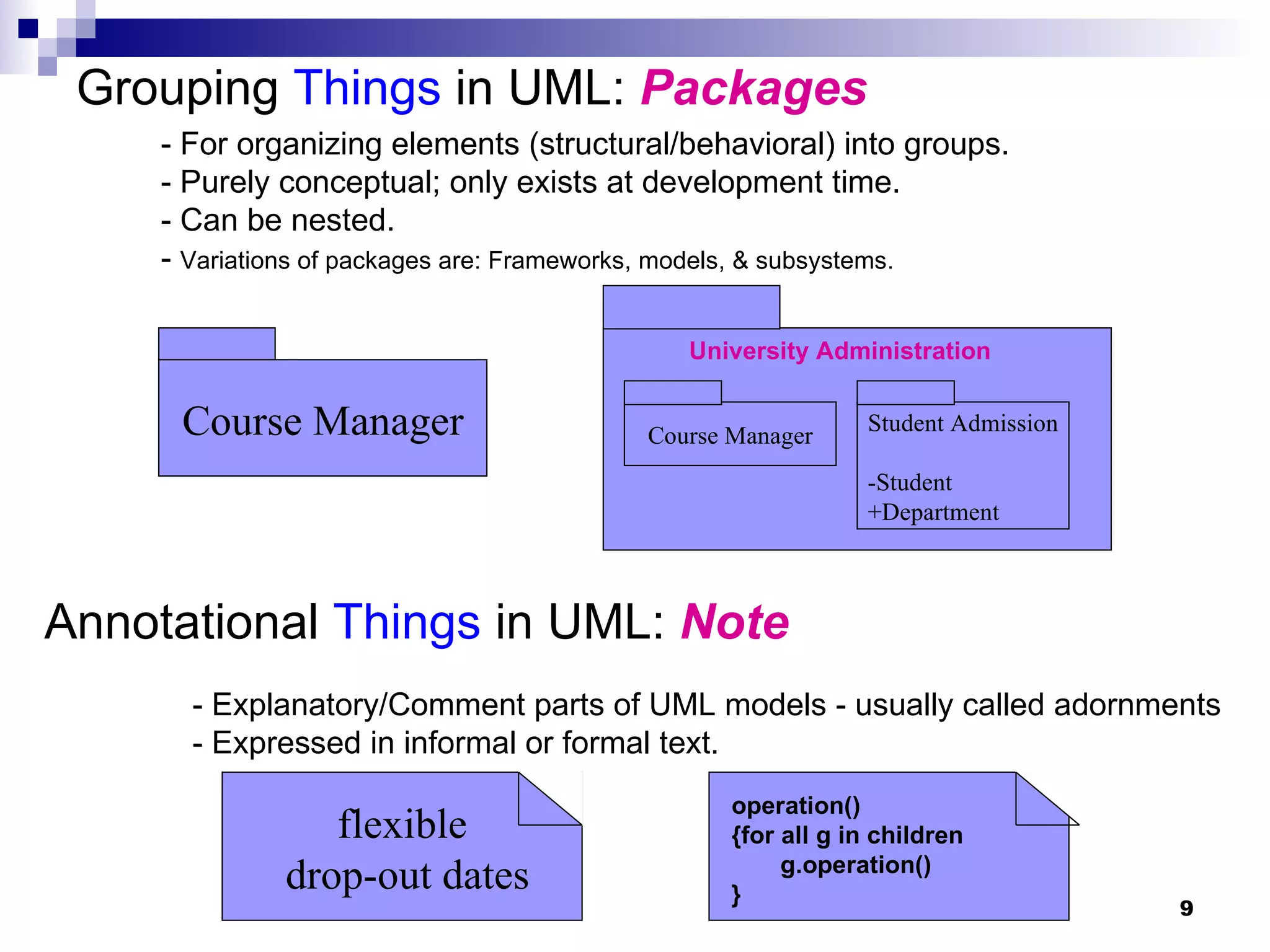 Grouping  Things  in UML:  Packages - For organizing elements (structural/behavioral) into groups. - Purely conceptual; only exists at development time. - Can be nested. -  Variations of packages are: Frameworks, models, & subsystems. Course Manager Annotational  Things  in UML:  Note - Explanatory/Comment parts of UML models - usually called adornments  - Expressed in informal or formal text. flexible drop-out dates Course Manager University Administration Student Admission -Student +Department operation() {for all g in children g.operation() } 