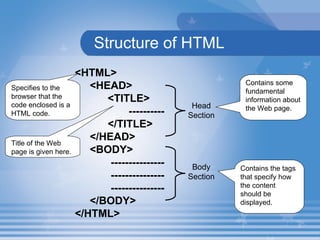 Structure of HTML <HTML> <HEAD> <TITLE> ---------- </TITLE> </HEAD> <BODY> --------------- --------------- --------------- </BODY> </HTML>  Contains some fundamental information about the Web page.  Title of the Web page is given here. Contains the tags that specify how the content should be displayed. Specifies to the browser that the code enclosed is a HTML code.  Head Section Body Section 