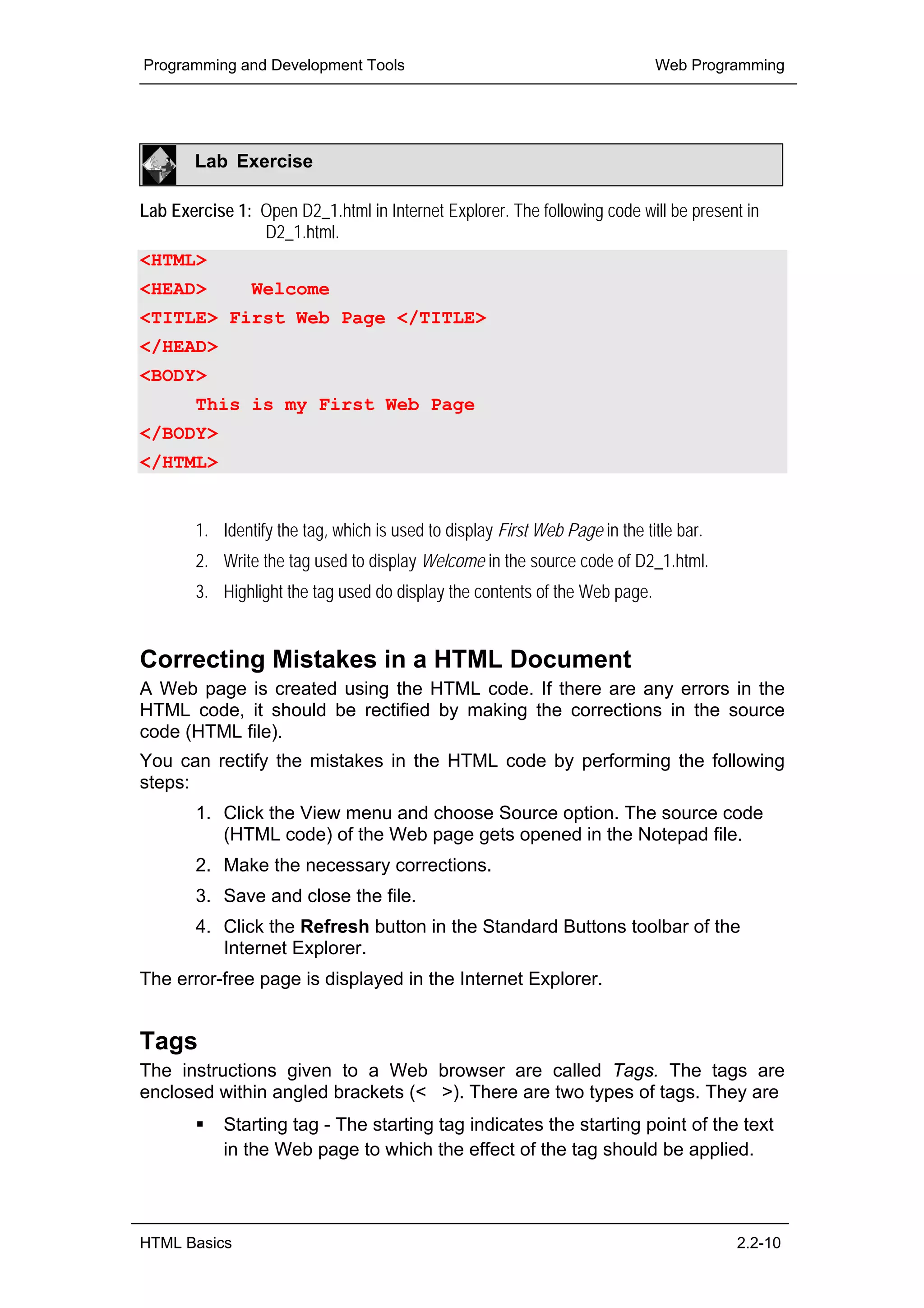 UNIT 2.2 Web Programming HTML Basics - Benchmark standard | PDF