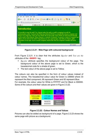 Programming and Development Tools                              Web Programming




            Figure 2.3.21 : Web Page with coloured background

From Figure 2.3.21, it is clear that the attributes Bgcolor and Text are the
attributes of the <BODY> tag.
        Bgcolor attribute specifies the background colour of the page. The
        background colour of the above page is set to Green, which is the
        hexadecimal code for a shade of green.
        The text colour of the above page is set to Yellow.

The colours can also be specified in the form of colour values instead of
colour names. The hexadecimal colour value for Green is 336600 where 33
represent the Red component, 66 represent Green and 00 represent Blue.
For example, the colour value for White is FFFFFF and for Black is 000000.
Some of the colours and their values are given in Figure 2.3.22.


                        RED         GREEN       BLUE
                       FF0000       00FF00     0000FF
                      YELLOW        CYAN     MAGENTA
                       FFFF00       00FFFF    FF00FF
                       BLACK        WHITE      GRAY
                       000000       FFFFFF     808080


                     Figure 2.3.22 : Colour Names and Values
Pictures can also be added as background of a page. Figure 2.3.23 shows the
same page with picture as a background.




Basic Tags in HTML                                                     2.3-33
 