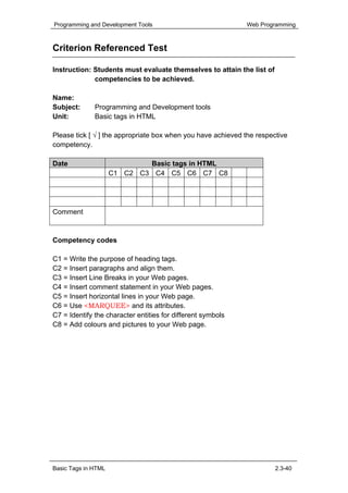 Programming and Development Tools                             Web Programming



Criterion Referenced Test

Instruction: Students must evaluate themselves to attain the list of
             competencies to be achieved.

Name:
Subject:      Programming and Development tools
Unit:         Basic tags in HTML

Please tick [ √ ] the appropriate box when you have achieved the respective
competency.

Date                         Basic tags in HTML
                     C1 C2 C3 C4 C5 C6 C7 C8




Comment



Competency codes

C1 = Write the purpose of heading tags.
C2 = Insert paragraphs and align them.
C3 = Insert Line Breaks in your Web pages.
C4 = Insert comment statement in your Web pages.
C5 = Insert horizontal lines in your Web page.
C6 = Use <MARQUEE> and its attributes.
C7 = Identify the character entities for different symbols
C8 = Add colours and pictures to your Web page.




Basic Tags in HTML                                                     2.3-40
 