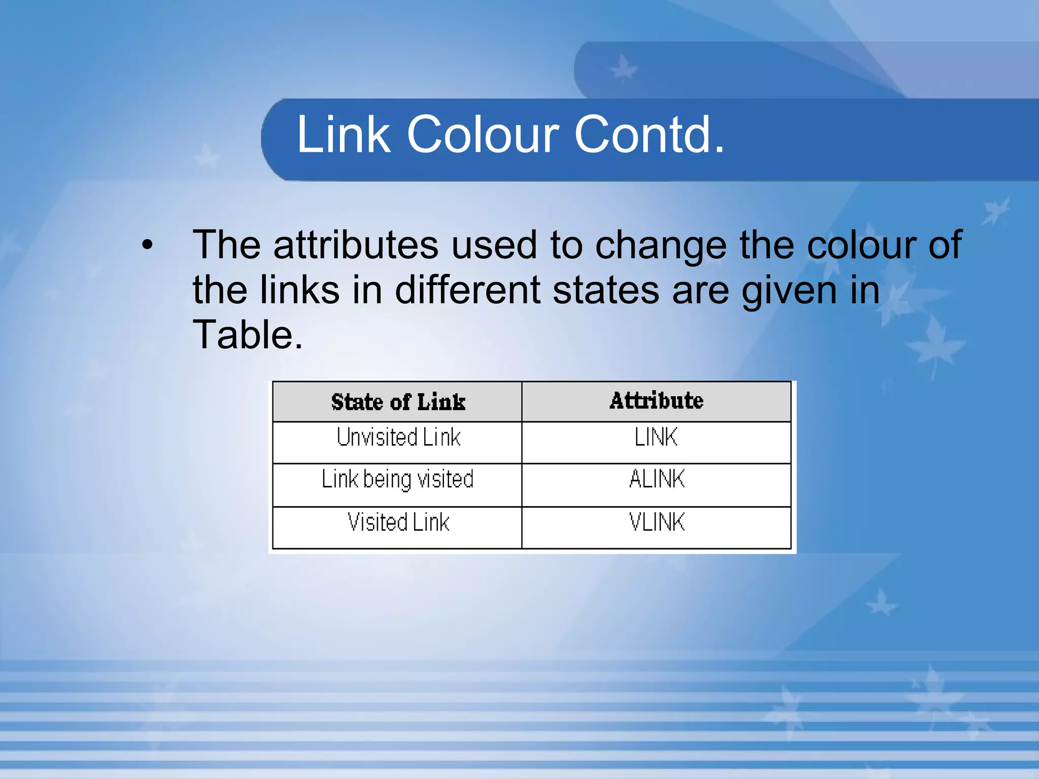Link Colour Contd. The attributes used to change the colour of the links in different states are given in Table.   