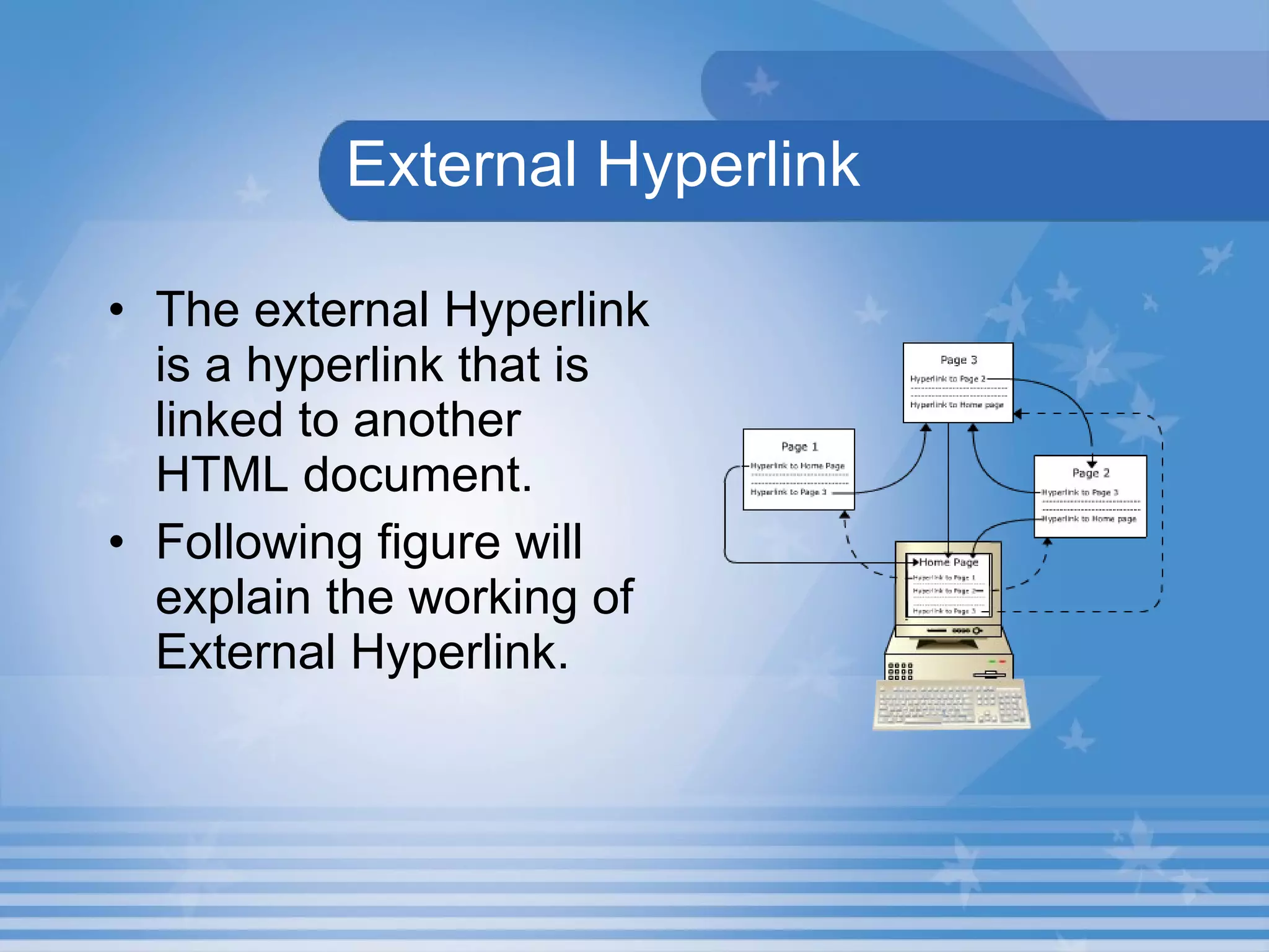   External Hyperlink The external Hyperlink is a hyperlink that is linked to another HTML document.  Following figure will explain the working of External Hyperlink. 