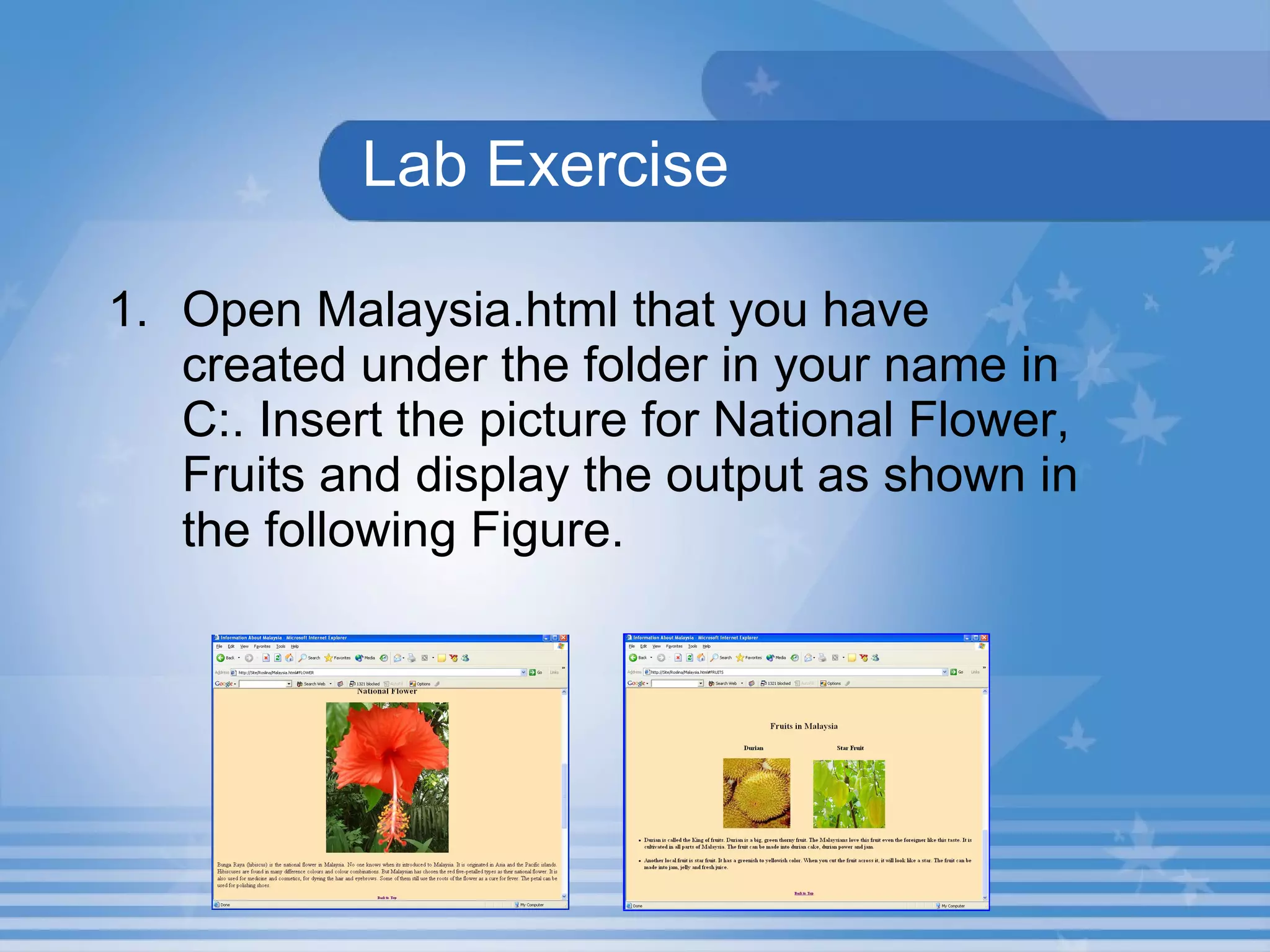 Lab Exercise Open Malaysia.html that you have created under the folder in your name in C:. Insert the picture for National Flower, Fruits and display the output as shown in the following Figure.  