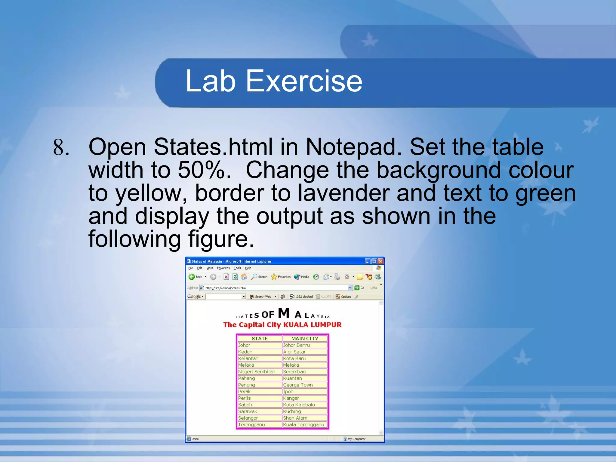  Lab Exercise 8. Open States.html in Notepad. Set the table width to 50%.  Change the background colour to yellow, border to lavender and text to green and display the output as shown in the following figure. 