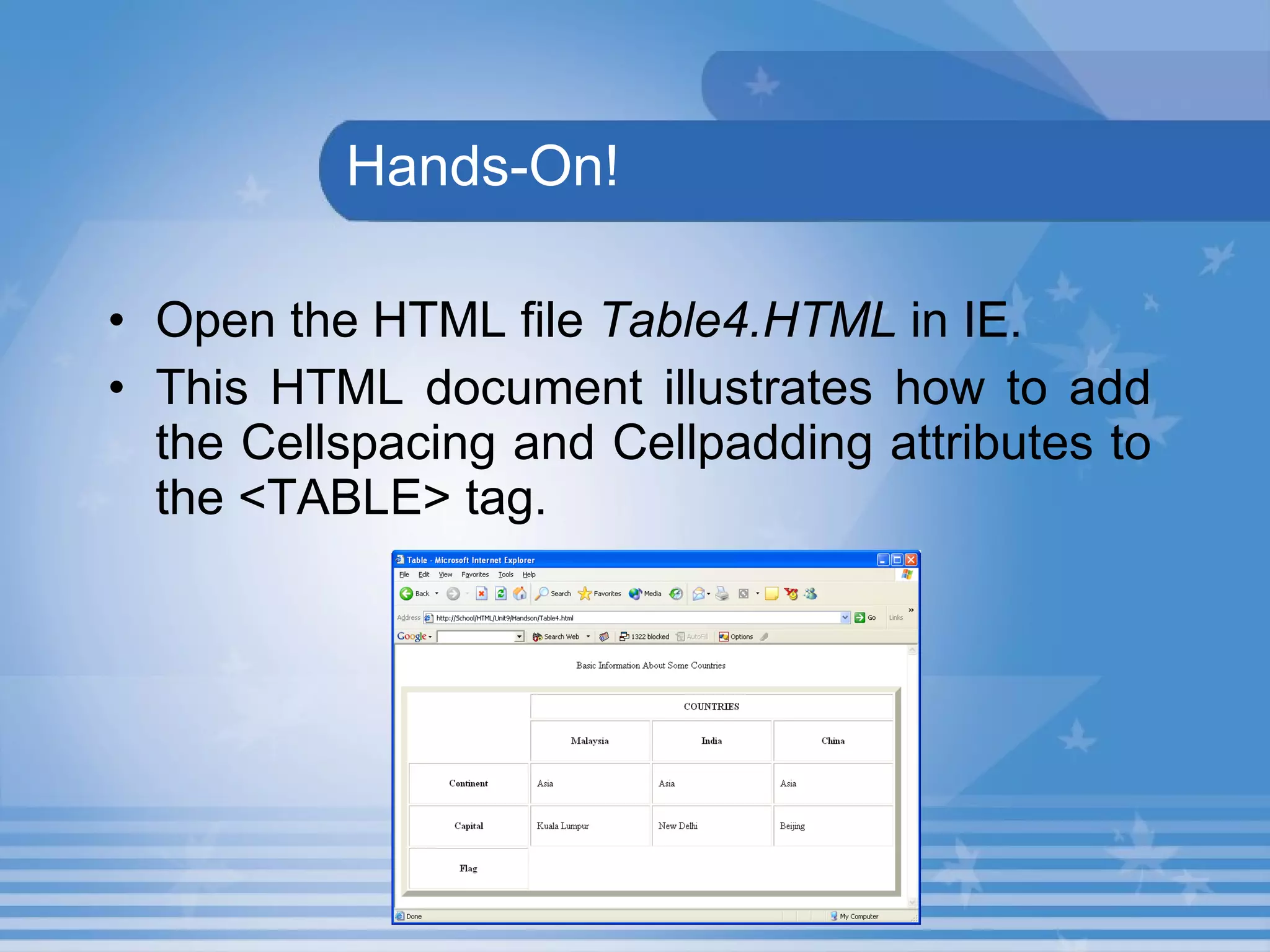   Hands-On! Open the HTML file  Table4.HTML  in IE. This HTML document illustrates how to add the Cellspacing and Cellpadding attributes to the <TABLE> tag. 