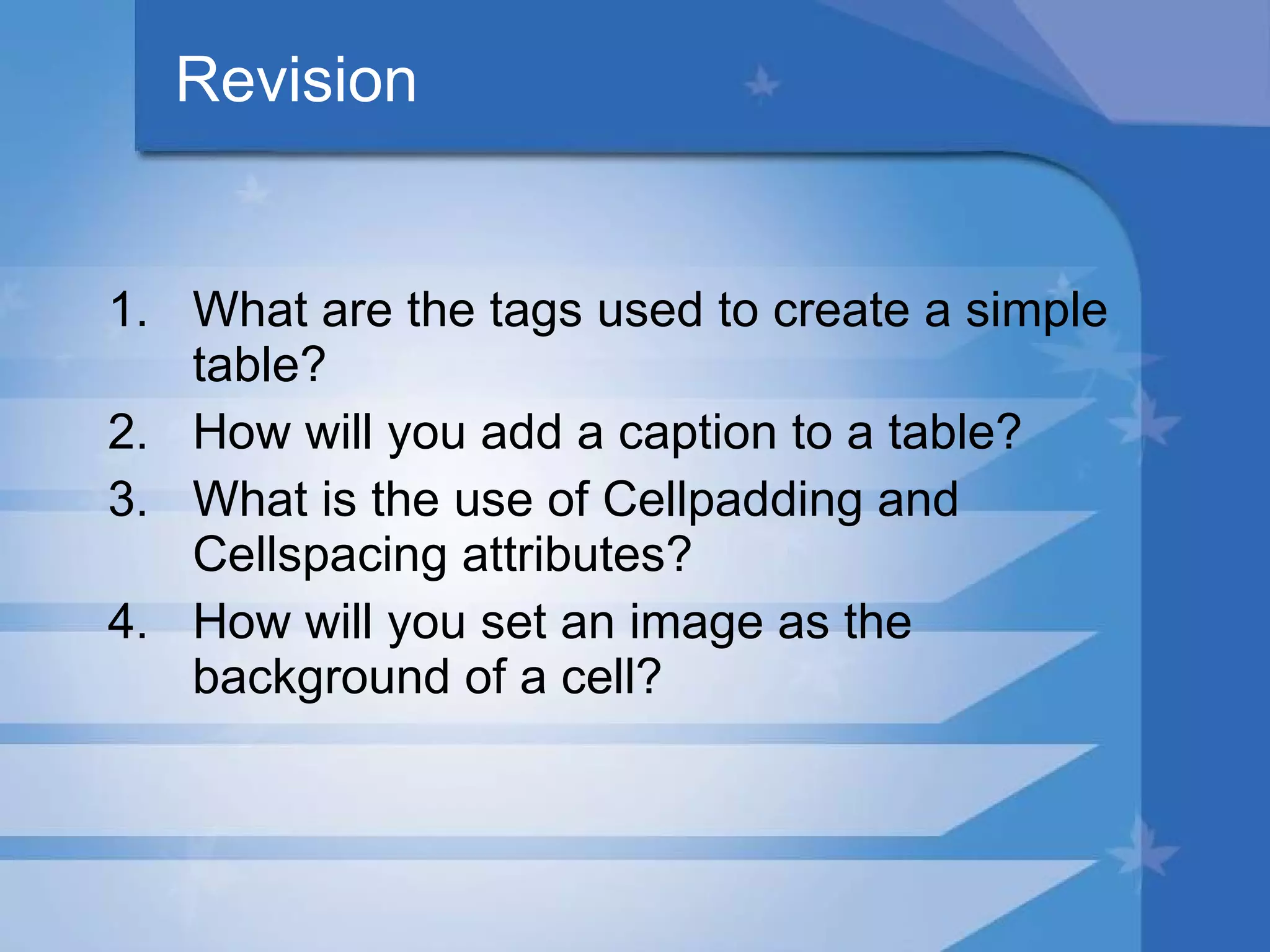 Revision What are the tags used to create a simple table? How will you add a caption to a table? What is the use of Cellpadding and Cellspacing attributes? How will you set an image as the  background of a cell? 