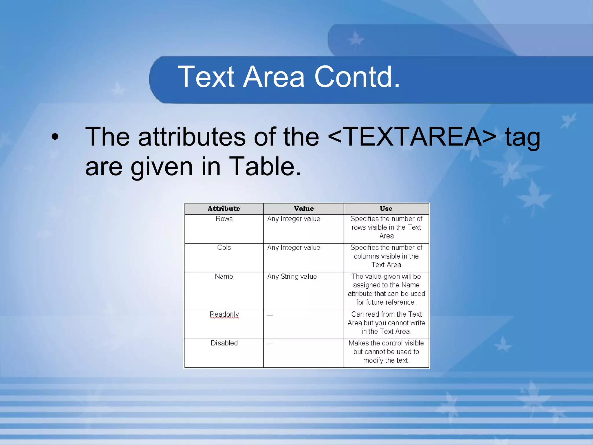   Text Area Contd. The attributes of the <TEXTAREA> tag are given in Table.  