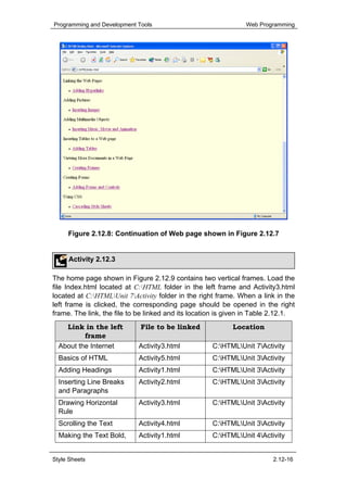 Programming and Development Tools                               Web Programming




     Figure 2.12.8: Continuation of Web page shown in Figure 2.12.7


     Activity 2.12.3

The home page shown in Figure 2.12.9 contains two vertical frames. Load the
file Index.html located at C:HTML folder in the left frame and Activity3.html
located at C:HTMLUnit 7Activity folder in the right frame. When a link in the
left frame is clicked, the corresponding page should be opened in the right
frame. The link, the file to be linked and its location is given in Table 2.12.1.
    Link in the left         File to be linked              Location
          frame
  About the Internet        Activity3.html           C:HTMLUnit 7Activity
  Basics of HTML            Activity5.html           C:HTMLUnit 3Activity
  Adding Headings           Activity1.html           C:HTMLUnit 3Activity
  Inserting Line Breaks     Activity2.html           C:HTMLUnit 3Activity
  and Paragraphs
  Drawing Horizontal        Activity3.html           C:HTMLUnit 3Activity
  Rule
  Scrolling the Text        Activity4.html           C:HTMLUnit 3Activity
  Making the Text Bold,     Activity1.html           C:HTMLUnit 4Activity


Style Sheets                                                             2.12-16
 