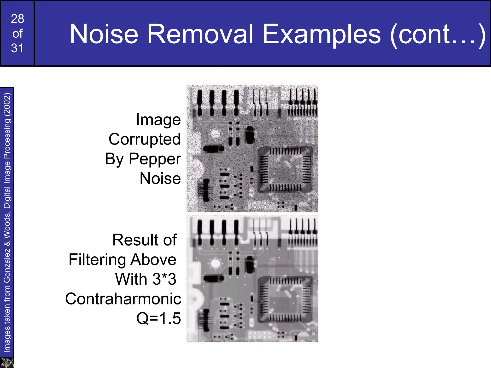 28
of
31
Noise Removal Examples (cont…)
Image
Corrupted
By Pepper
Noise
Result of
Filtering Above
With 3*3
Contraharmonic
Q=1.5
Images
taken
from
Gonzalez
&
Woods,
Digital
Image
Processing
(2002)
 