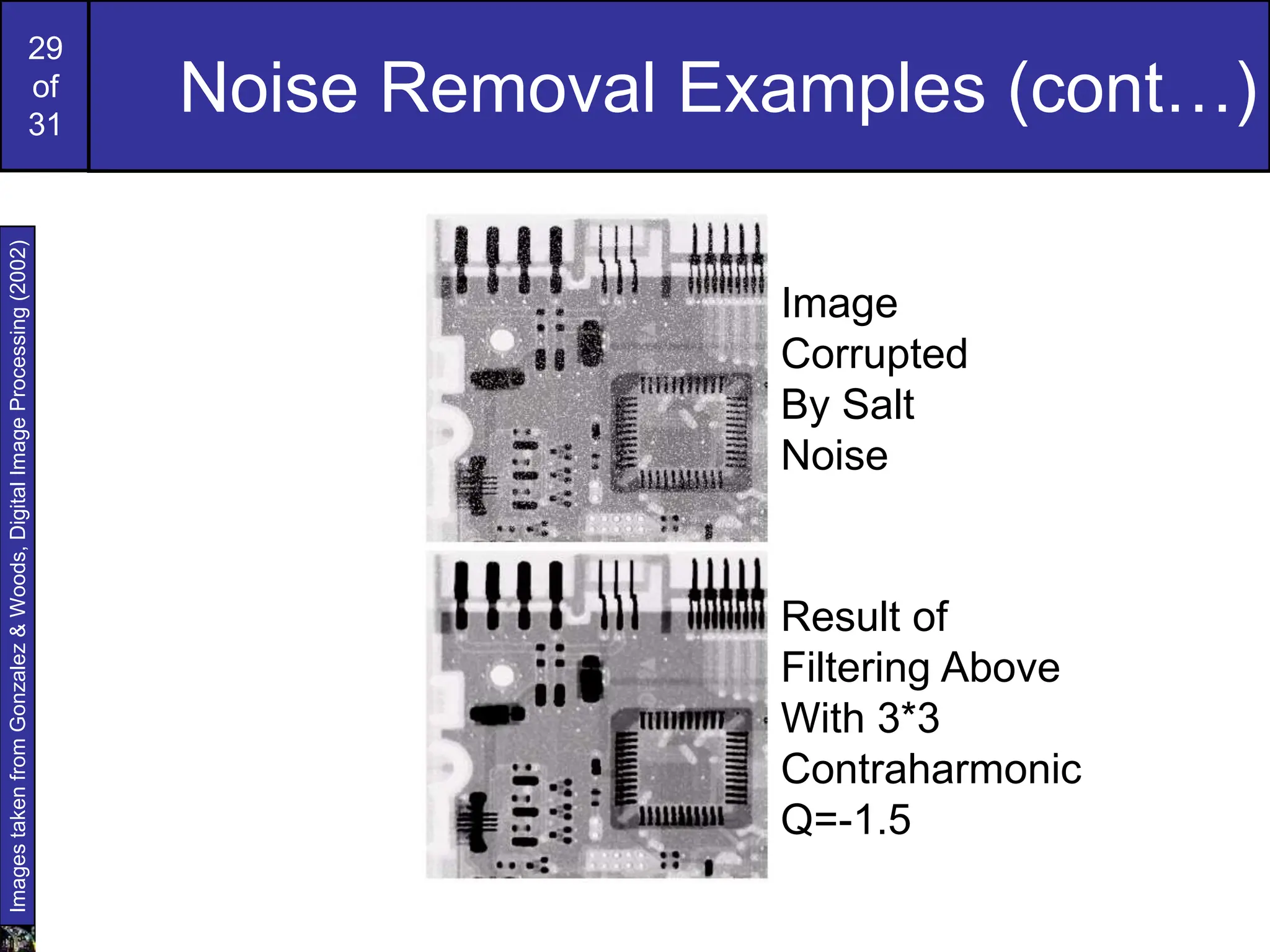 29
of
31
Noise Removal Examples (cont…)
Images
taken
from
Gonzalez
&
Woods,
Digital
Image
Processing
(2002)
Image
Corrupted
By Salt
Noise
Result of
Filtering Above
With 3*3
Contraharmonic
Q=-1.5
 
