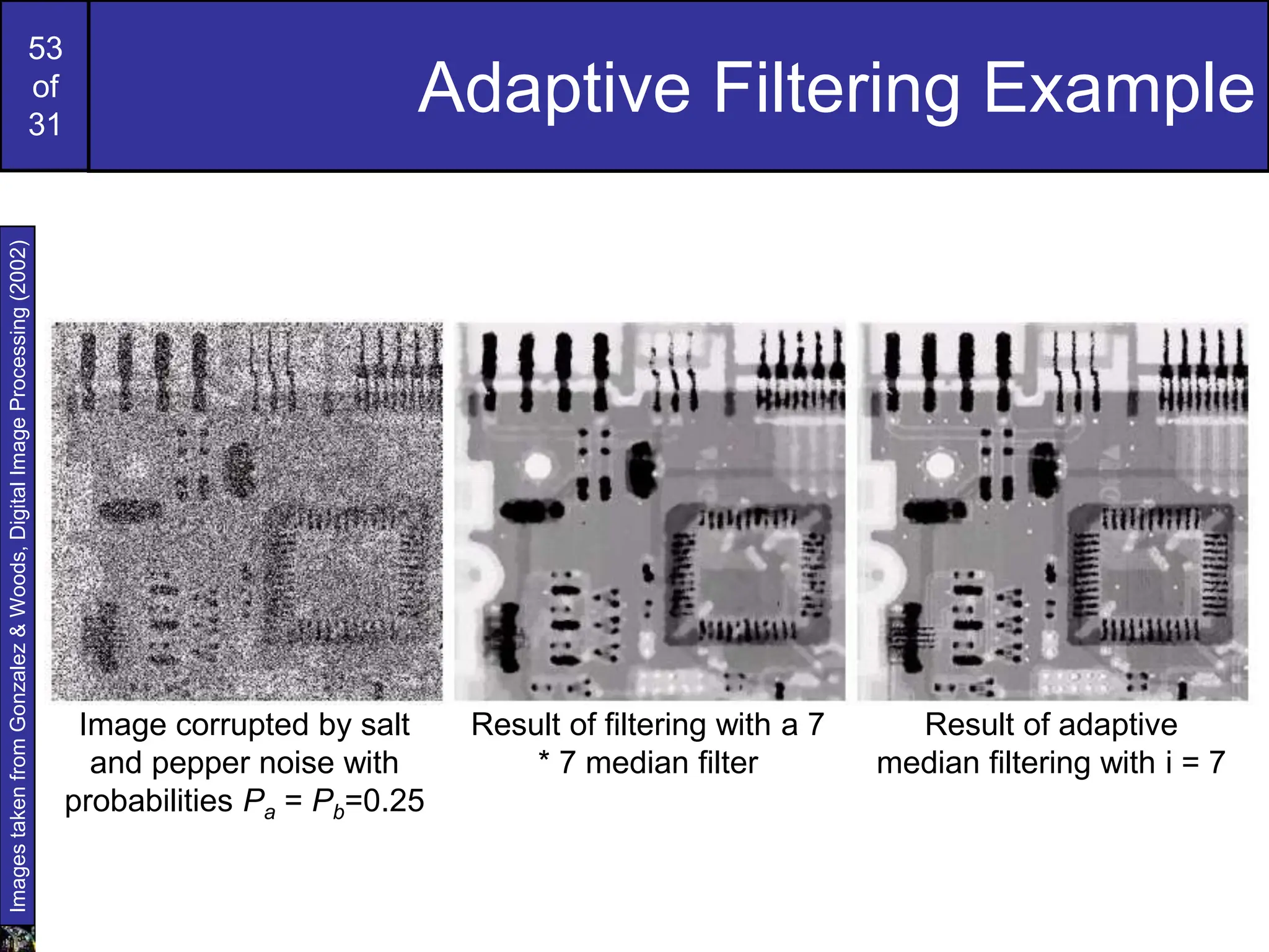 53
of
31
Adaptive Filtering Example
Images
taken
from
Gonzalez
&
Woods,
Digital
Image
Processing
(2002)
Image corrupted by salt
and pepper noise with
probabilities Pa = Pb=0.25
Result of filtering with a 7
* 7 median filter
Result of adaptive
median filtering with i = 7
 