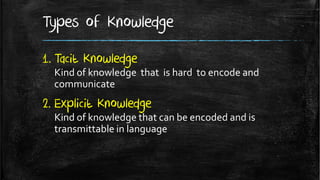 Types of Knowledge
1. Tacit Knowledge
  Kind of knowledge that is hard to encode and
  communicate
2. Explicit Knowledge
  Kind of knowledge that can be encoded and is
  transmittable in language
 