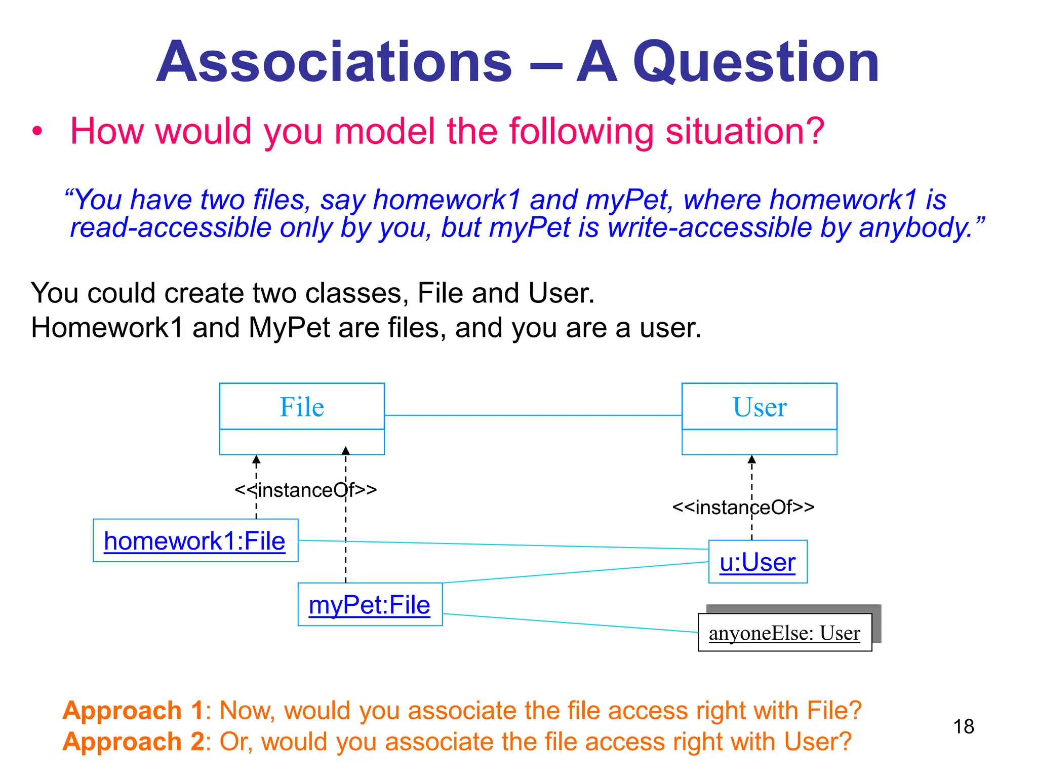 18
Associations – A Question
• How would you model the following situation?
“You have two files, say homework1 and myPet, where homework1 is
read-accessible only by you, but myPet is write-accessible by anybody.”
You could create two classes, File and User.
Homework1 and MyPet are files, and you are a user.
File User
Approach 1: Now, would you associate the file access right with File?
Approach 2: Or, would you associate the file access right with User?
homework1:File
myPet:File
<<instanceOf>>
u:User
<<instanceOf>>
anyoneElse: User
 