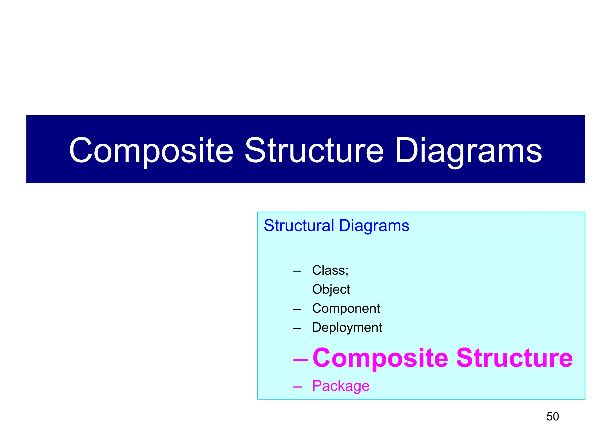 50
Composite Structure Diagrams
Structural Diagrams
– Class;
Object
– Component
– Deployment
–Composite Structure
– Package
 