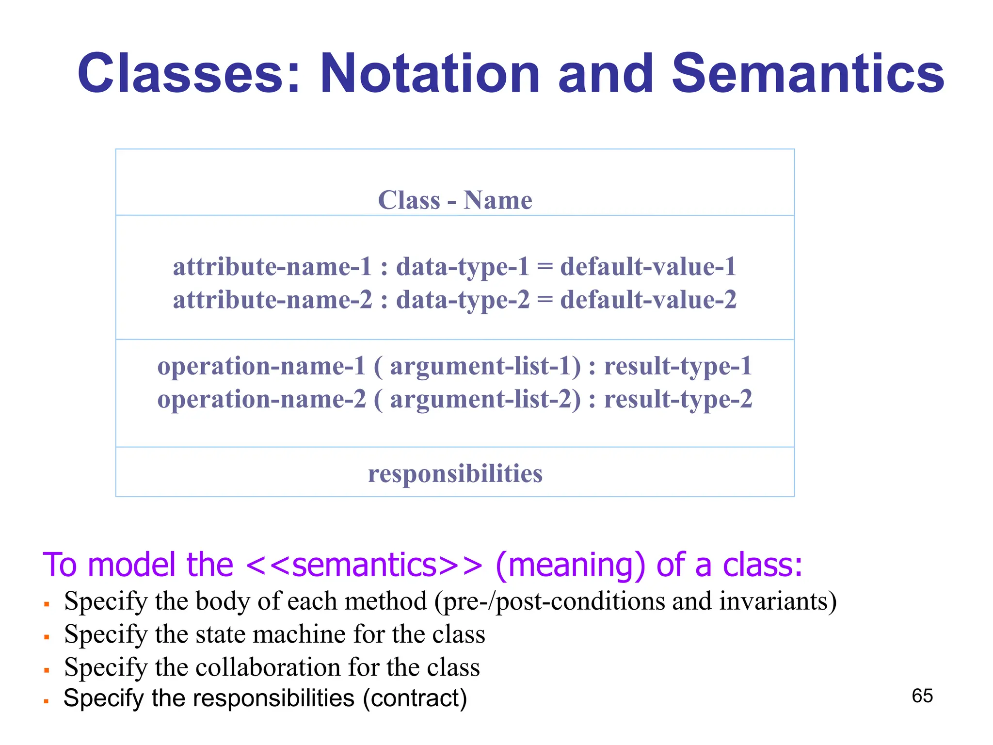 65
Classes: Notation and Semantics
Class - Name
attribute-name-1 : data-type-1 = default-value-1
attribute-name-2 : data-type-2 = default-value-2
operation-name-1 ( argument-list-1) : result-type-1
operation-name-2 ( argument-list-2) : result-type-2
responsibilities
To model the <<semantics>> (meaning) of a class:
 Specify the body of each method (pre-/post-conditions and invariants)
 Specify the state machine for the class
 Specify the collaboration for the class
 Specify the responsibilities (contract)
 