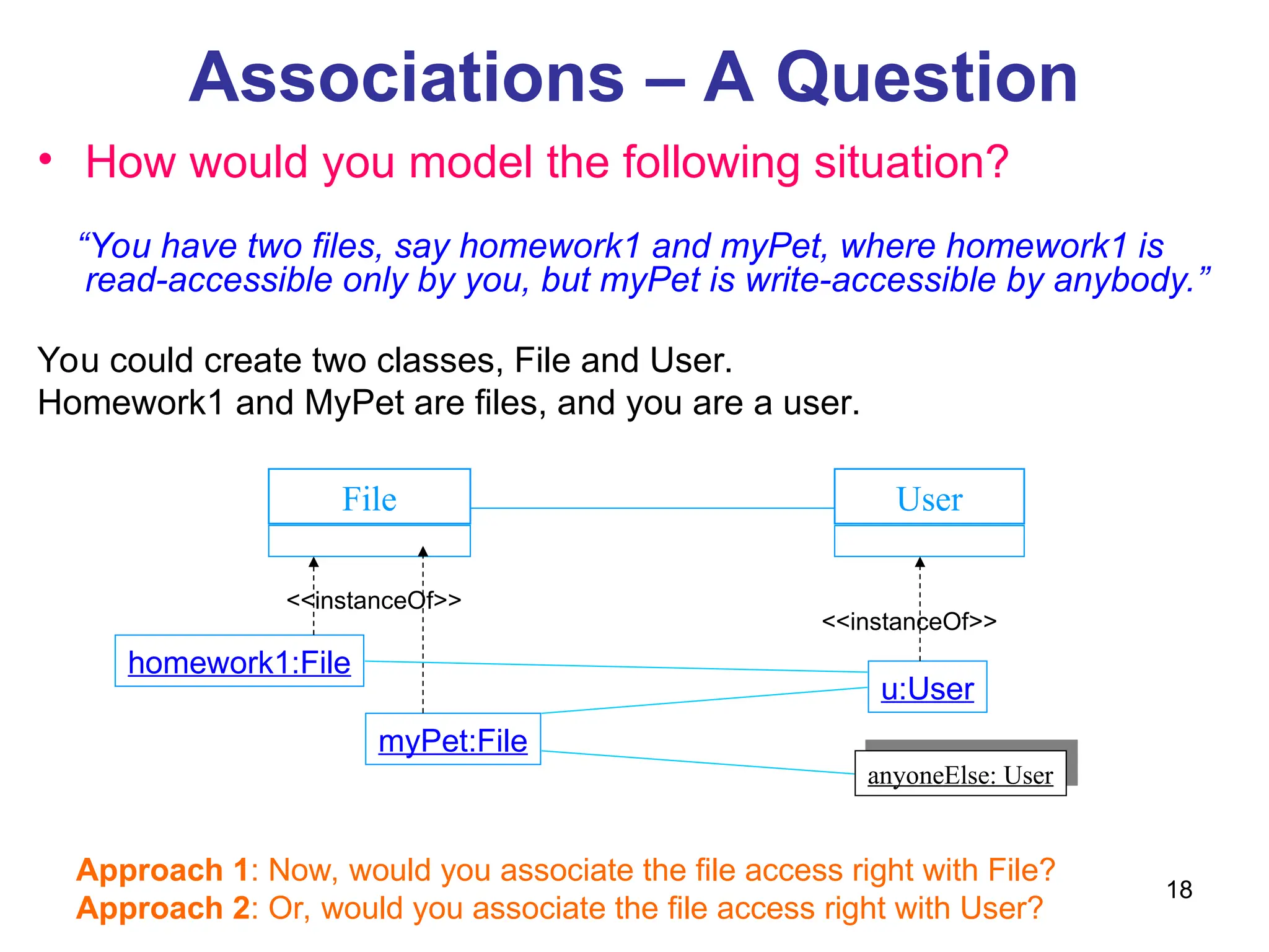 18
Associations – A Question
• How would you model the following situation?
“You have two files, say homework1 and myPet, where homework1 is
read-accessible only by you, but myPet is write-accessible by anybody.”
You could create two classes, File and User.
Homework1 and MyPet are files, and you are a user.
File User
Approach 1: Now, would you associate the file access right with File?
Approach 2: Or, would you associate the file access right with User?
homework1:File
myPet:File
<<instanceOf>>
u:User
<<instanceOf>>
anyoneElse: User
 