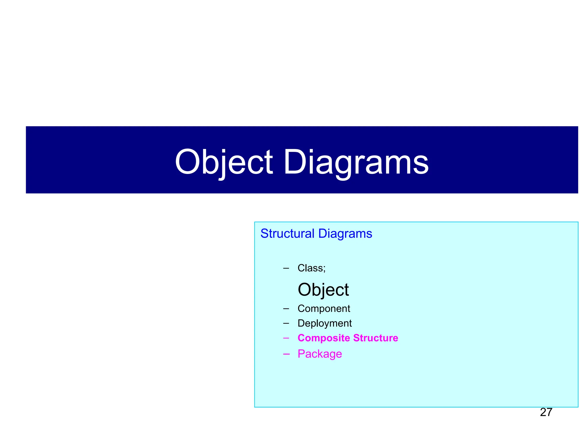 27
Object Diagrams
Structural Diagrams
– Class;
Object
– Component
– Deployment
– Composite Structure
– Package
 