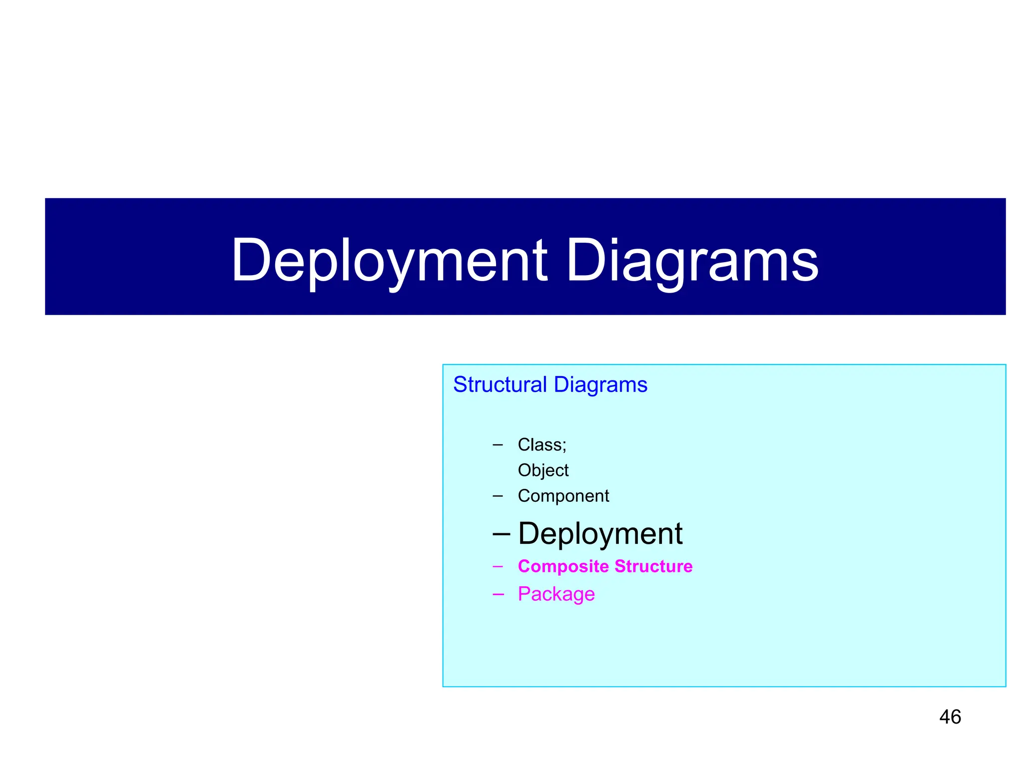 46
Deployment Diagrams
Structural Diagrams
– Class;
Object
– Component
– Deployment
– Composite Structure
– Package
 