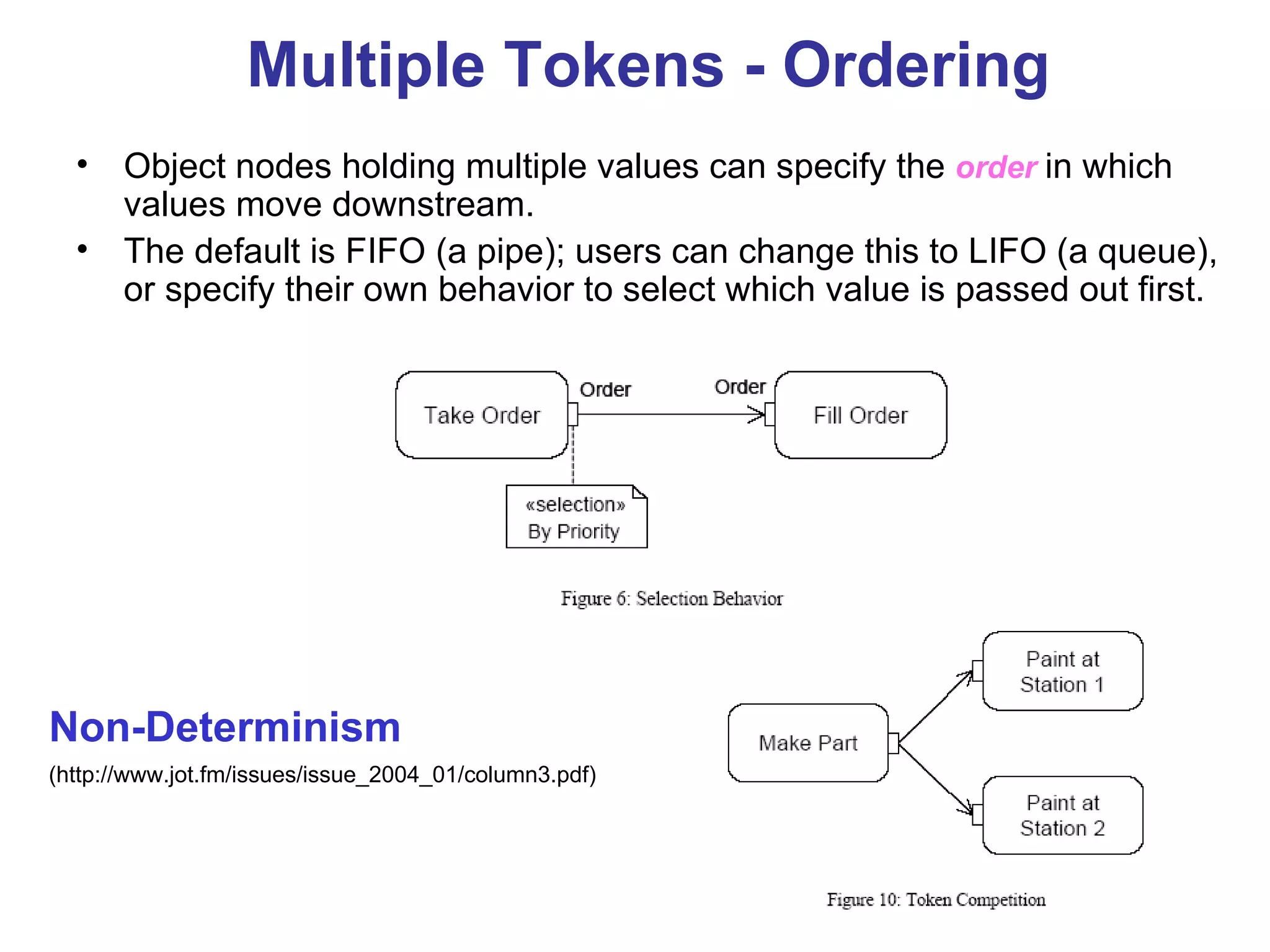 Multiple Tokens - Ordering Object nodes holding multiple values can specify the  order  in which values move downstream.  The default is FIFO (a pipe); users can change this to LIFO (a queue), or specify their own behavior to select which value is passed out first. Non-Determinism  (http://www.jot.fm/issues/issue_2004_01/column3.pdf)   